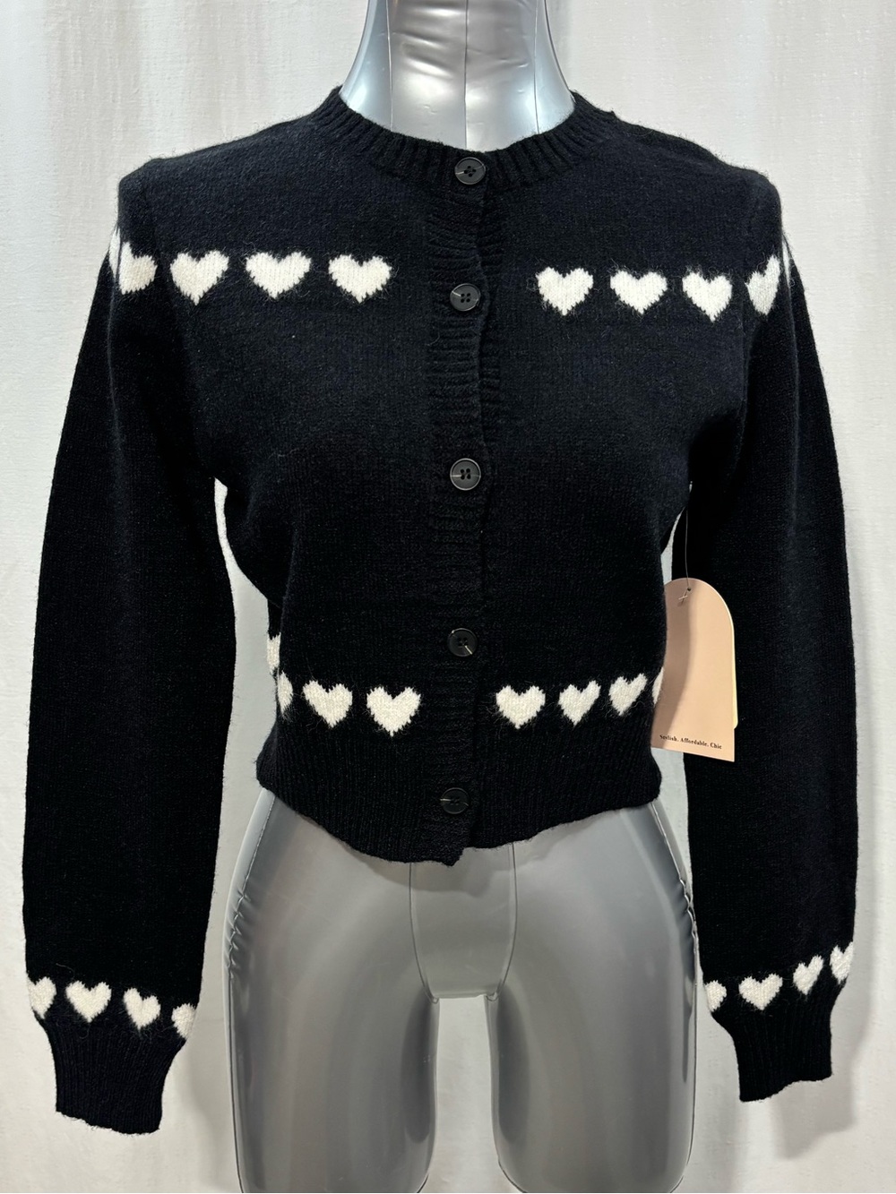 Y2K Coquette Aesthetic Black Knit Button Down Cardigan w/ White Hearts Small 502
